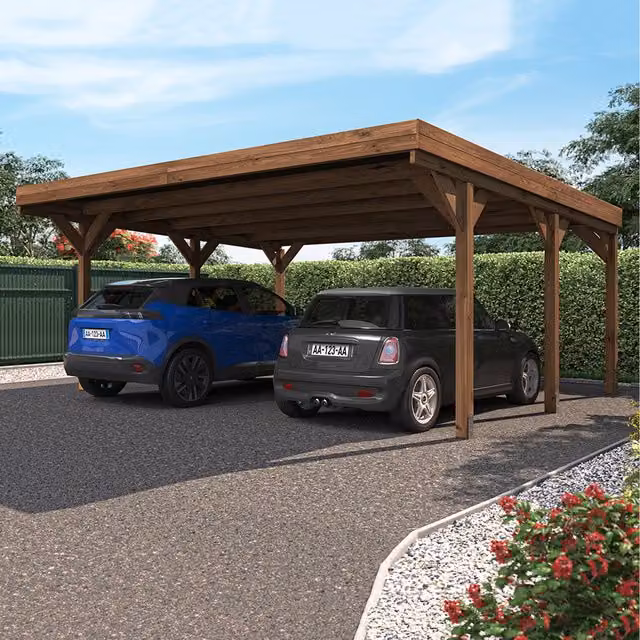 Cerland Victor Double Wooden Carport in Brown with Polycarbonate Roof, Freestanding