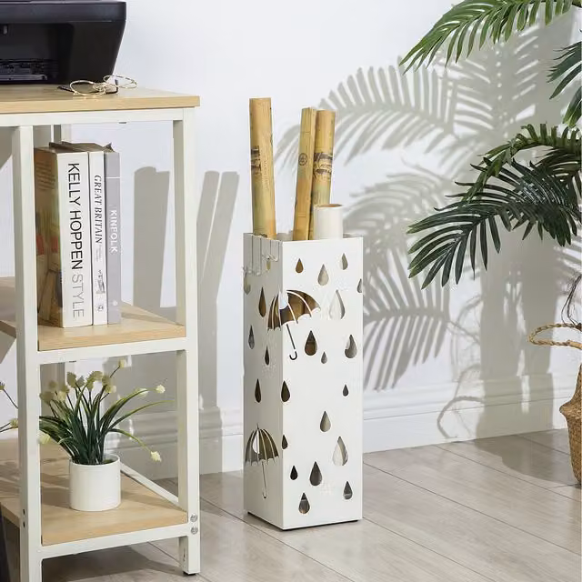 SONGMICS Metal Umbrella Stand with Removable Tray, White