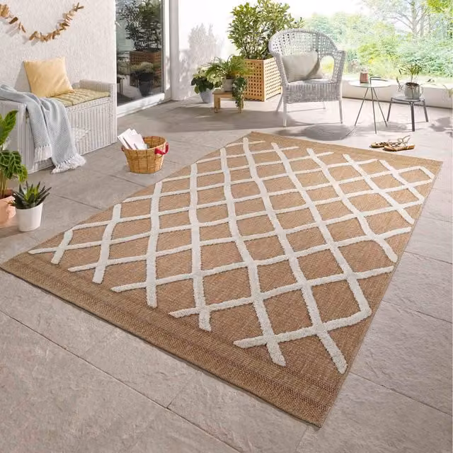 Desire Harper Aztec Pattern Indoor Outdoor Garden Rug, Beige and White, W: 160 cm, D: 230 cm
