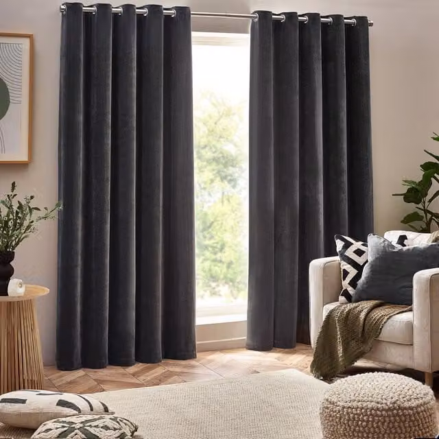 Make It A Home Charcoal Grey Chenille Velvet Room Darkening Eyelet Curtains, Width: 137 cm, Height: 117 cm