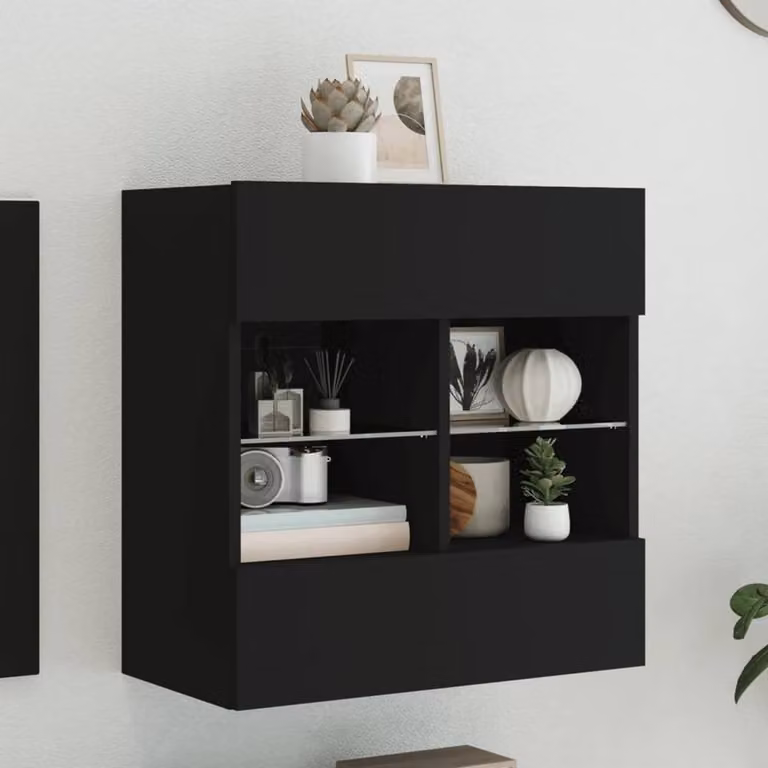 Berkfield Home Modern Wall Mounted TV Cabinet in Black with Integrated LED Lighting and Internal Shelves W/D/H: 58.5 x 30.0 x 60.5 cm