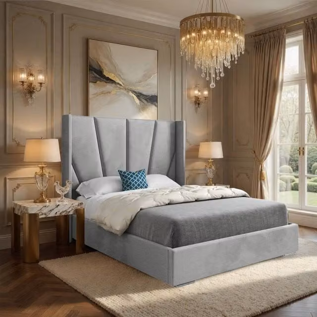 Casani Falmouth Small Double Curved Winged Bed Frame in Grey Soft Velvet