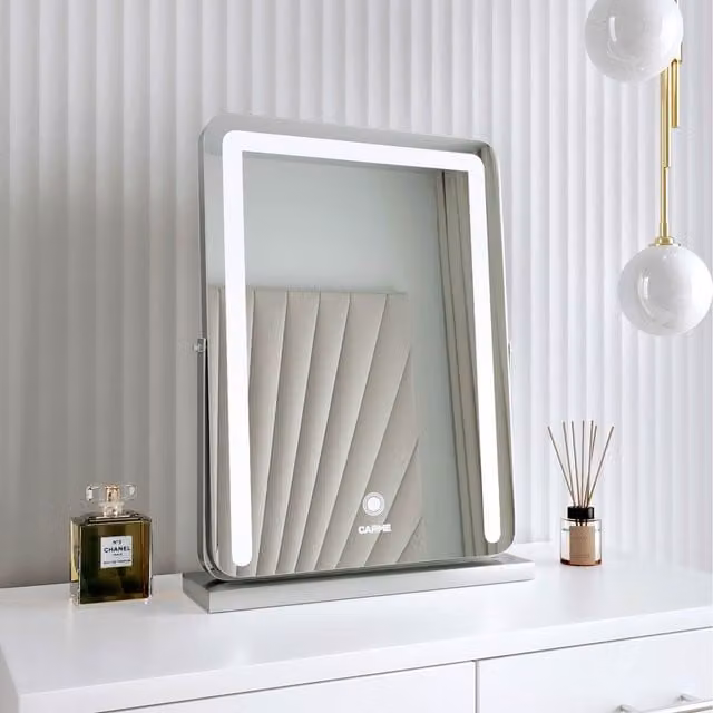 CARME Mia Frameless Rectangular Tabletop LED Mirror with Dimmable Touch Sensor Light in Silver