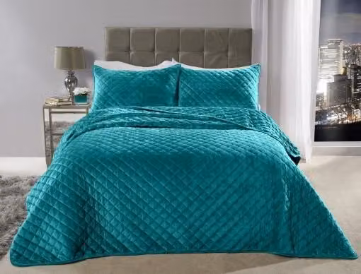 New Edge Blinds Banbury Green Velvet Quilted Bedspread and Pillow Shams Set