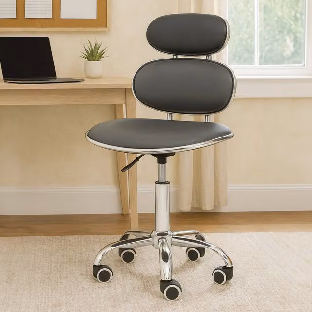 Orsina Ergonomic Black Synthetic Leather Swivel Home Office Chair with Headrest and Castors in Silver