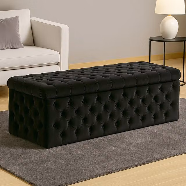 R&M Furnishers Chesterfield Wide Lux Ottoman Storage Box in Black Plush Velvet