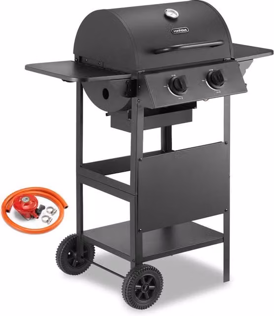 VonHaus Black Tabletop Gas BBQ with 2 Burners and Enamelled Steel Construction