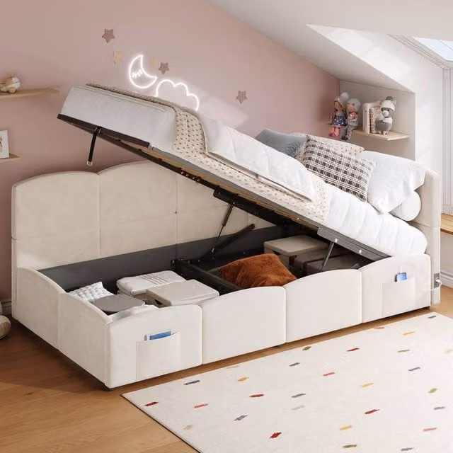BTM Single Upholstered Velvet Daybed Sofa Bed with Storage and USB Charging Port in Beige