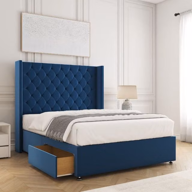 BSSPOKE Winchester Plush Divan Bed with 54 inch Headboard, 2 Drawers, Footend and Mattress in Blue, King Size (W/D/H: 180 x 200 cm)