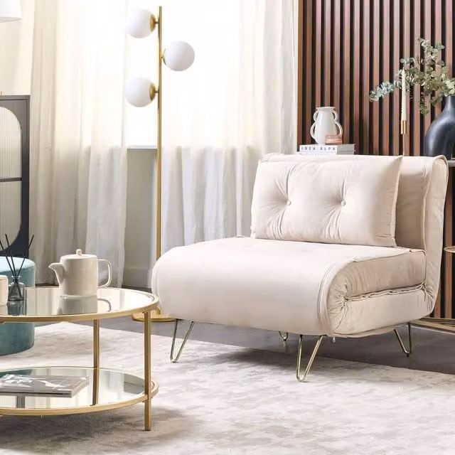 Wyld Haus Beige Velvet 1-Seater Sofa Bed with Gold Metal Legs