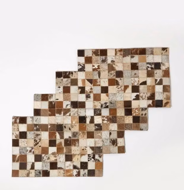 Homescapes Brown Checked Leather Placemats, Set of 4, W/D: 46 x 30 cm