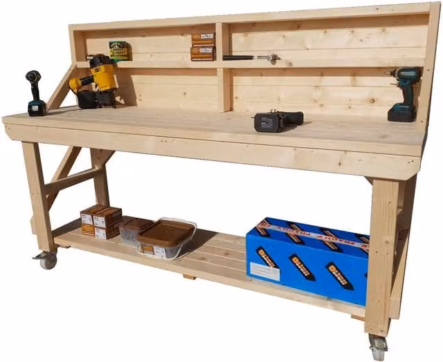 Arbor Garden Solutions Acorn Wooden Workbench with Pegboard and Castors, Brown and White, 240 cm