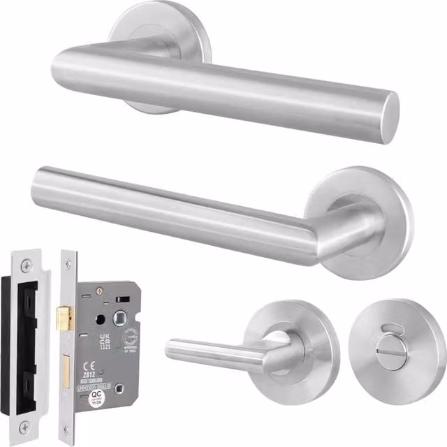 AFIT Silver Satin Lever on Rose Door Handles and Bathroom Lock Kit in Brushed Stainless Steel, W/D/H: 15 x 15 x 2 cm