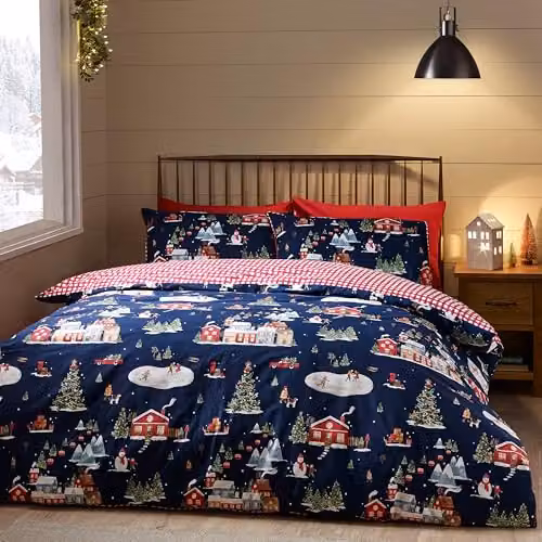 Catherine Lansfield Christmas Ski Village Reversible Duvet Cover and Pillowcase Set, Blue, W/D/H: 200 x 200 cm