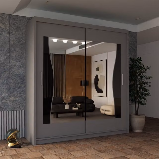 Sliding Wardrobes 4U Curved Mirror Sliding Door Wardrobe in Grey, W/D/H: 120 x 0 x 217 cm