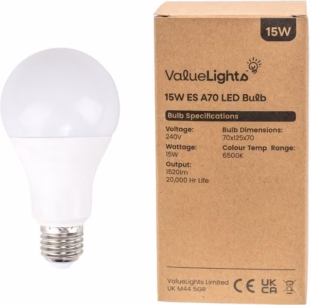 ValueLights 10 Pack E27 LED Light Bulbs, 15W, 1520lm, Cool White 6500K, White