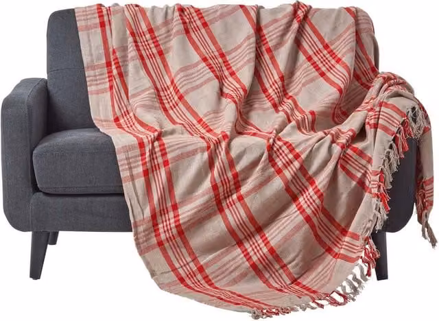 Homescapes Red and Grey Tartan Check Cotton Sofa and Bed Throw, W/D/H: 255 x 360 cm