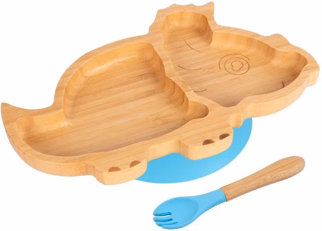 Tiny Dining Dinosaur Bamboo Divided Weaning Plate and Fork Set in Blue