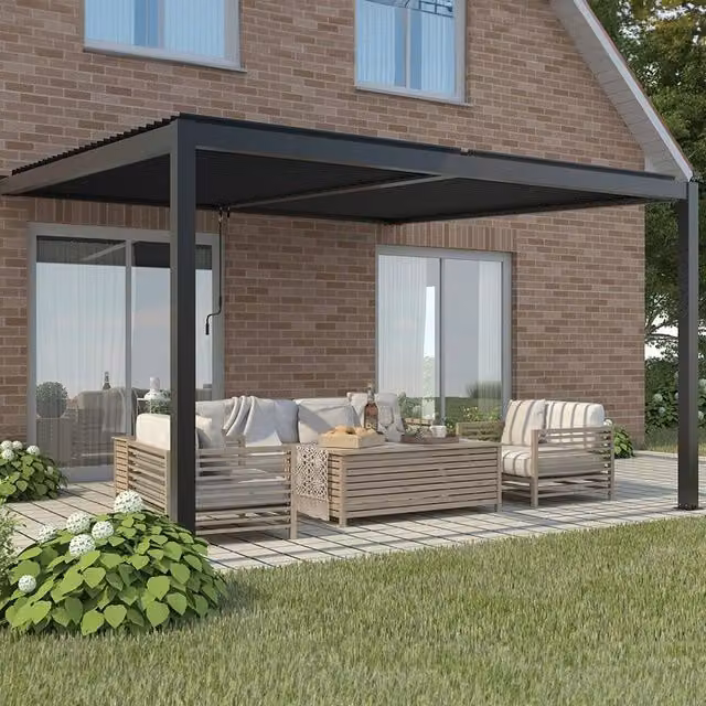 Primrose Living Deluxe Charcoal Wall Mounted Aluminium Veranda with Louvered Shutter Roof, W: 400 cm, D: 300 cm