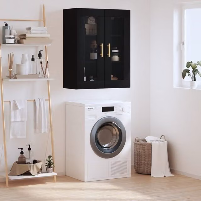Berkfield Home Wall Mounted Cabinet in Black with Glass Doors, W/D/H: 69.5 x 34 x 90 cm