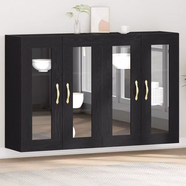 Berkfield Home Set of 2 Wall Mounted Modern Cabinets in Black Oak with Glass Doors, W/D/H: 69.5 x 34 x 90 cm