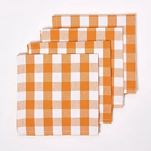 Homescapes Set of 4 Orange and White Checked Cotton Gingham Napkins, 45 x 45 cm