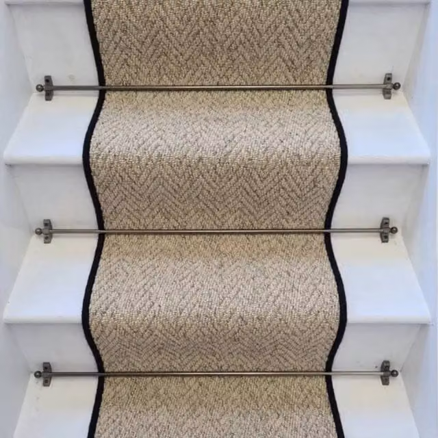 RainbowHome Herringbone Biscotti Stair Runner in Beige with 100% Wool Edge, W: 60 cm, L: 650 cm
