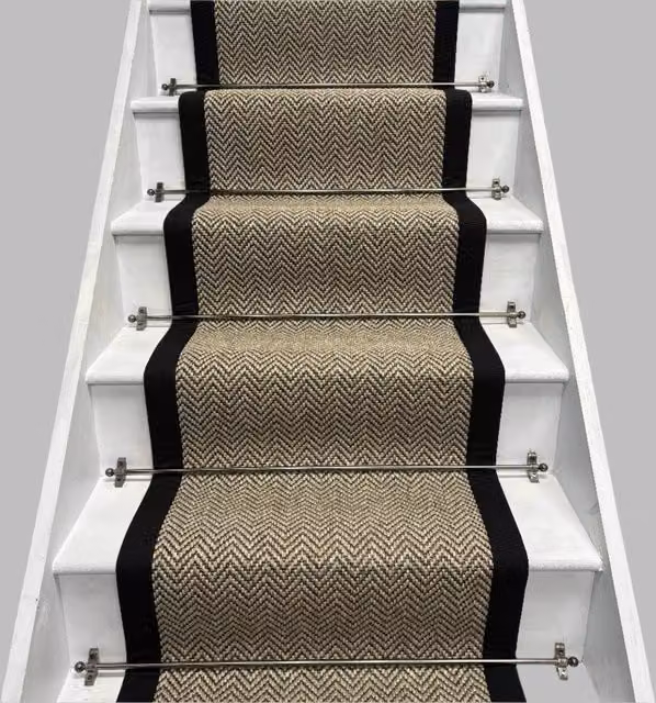 RainbowHome Herringbone Java Beige Stair Runner with 100% Cotton Black Border, W: 70 cm, L: 650 cm