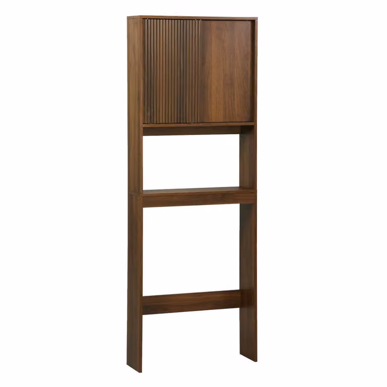sweeek Scandinavian Freestanding Bathroom Shelf with Sliding Doors in Dark Brown, H 180 x W 64 x D 18.4 cm