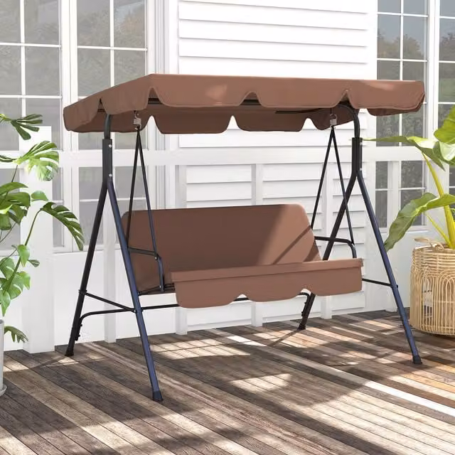 Outsunny 3 Seater Swing Chair with Adjustable Canopy in Brown