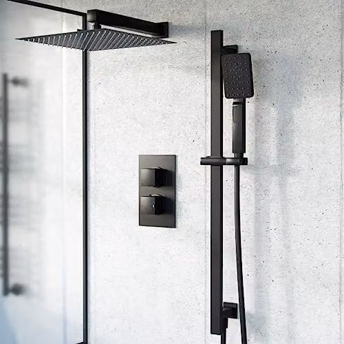 Nes Home Temel 2 Dial 2 Way Thermostatic Mixer Valve Shower Set with 300mm Overhead Shower, Handset and Slider Rail in Matte Black