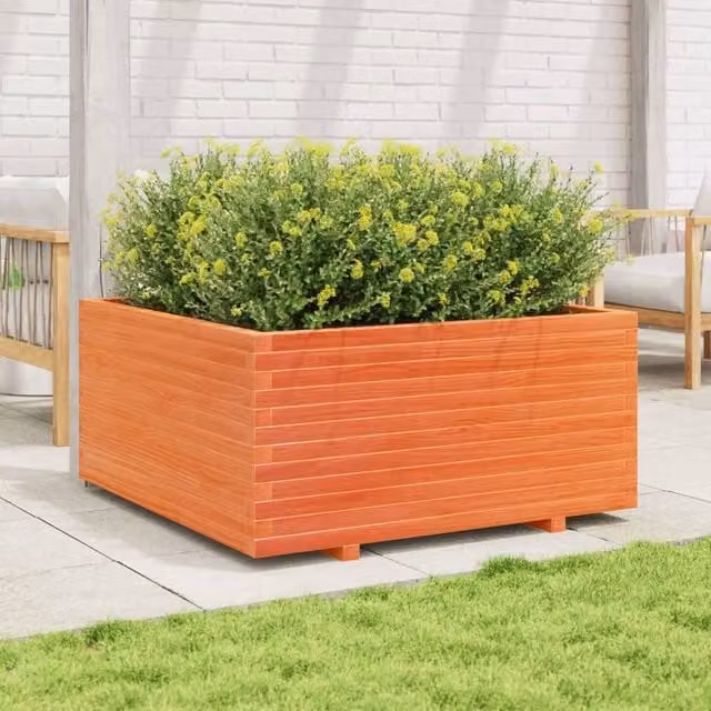 Berkfield Home Beautiful Garden Planter Tub in Brown Solid Wood Pine, W: 100 cm, D: 100 cm, H: 49.5 cm