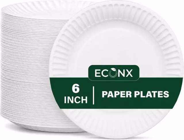 ECONX White Heavy Duty Biodegradable Disposable Paper Dinner Plates, 15 cm, 1000 Pieces