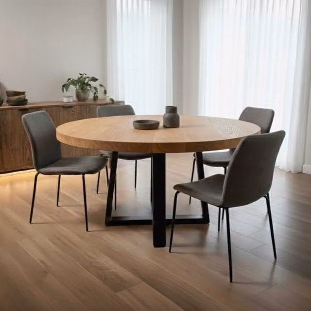 TRL Handmade Furniture Modern Round Oak Dining Table in Brown, Diameter: 140 cm, Height: 76 cm