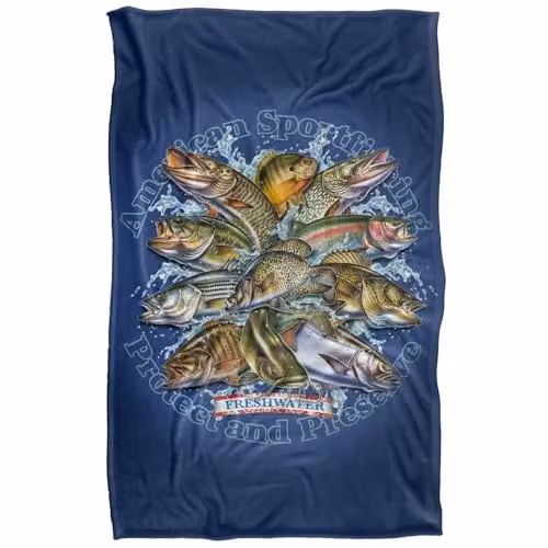 JQ Licensing American Sportfishing Freshwater Super Soft Fleece Throw Blanket, Blue Multicolour, W/D/H: 91.44 x 91.44 x 1.47 cm
