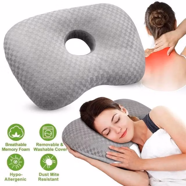 FLAVORA Ergonomic Breathable Ear Piercing Pillow for Side Sleepers in Grey