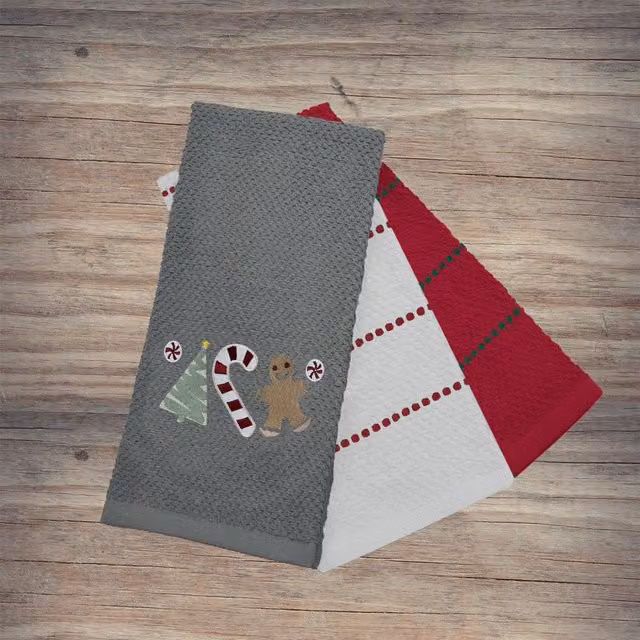 Noel Square Sweet Shop Highly Absorbent Cotton Tea Towels, 3 Pack, Grey and Multicolour