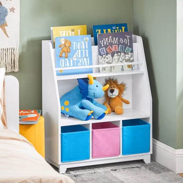 SoBuy Kids Bookcase with 3 Fabric Baskets in White and Grey