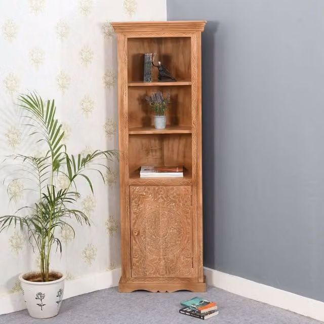 IH Design Rustic Carved Mango Wood Corner Bookcase with 3 Shelves and 1 Door in Brown and White
