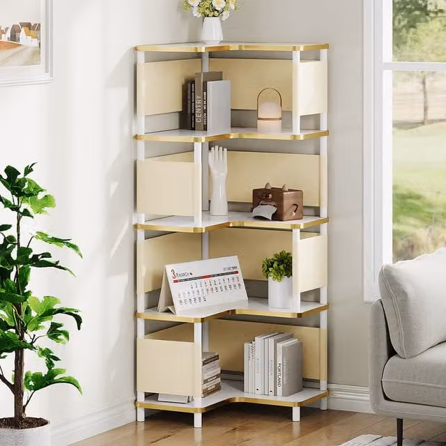 Livingandhome Minimalist L-shaped Corner Bookshelf in Blue, White and Gold, Height: 143 cm