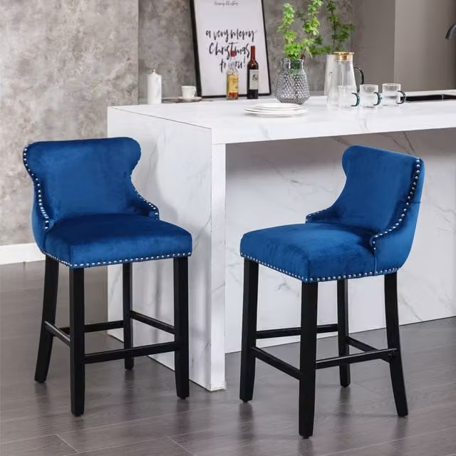 HomeTouch Set of 2 Contemporary Velvet Upholstered Wing-Back Barstools in Grey and Blue