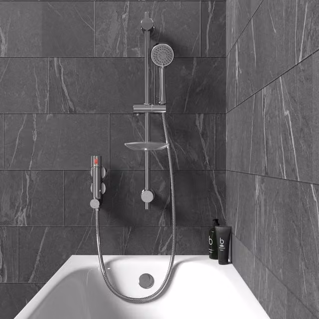 Nes Home Mini Vertical Thermostatic Shower Mixer Valve with Slider Rail, Handset and Hose in Silver
