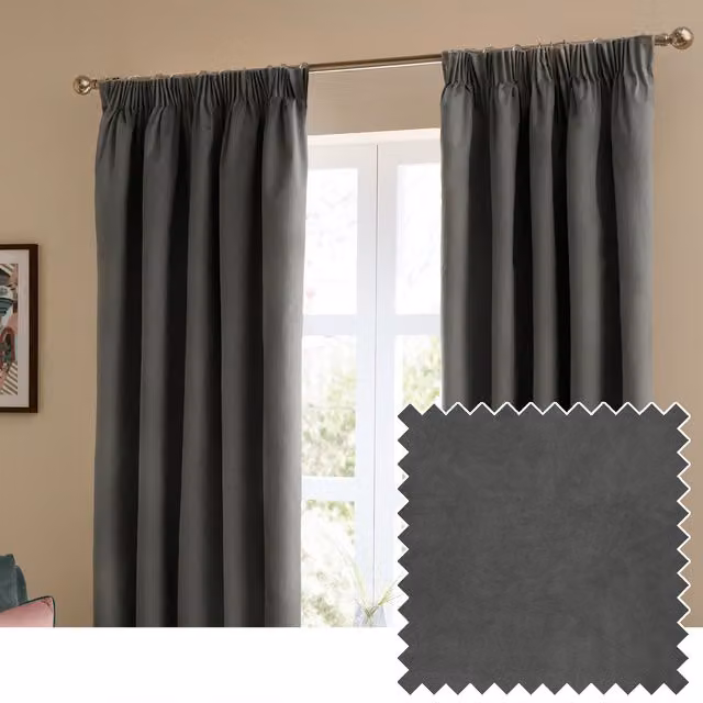 Make It A Home Charcoal Velvet Blackout Pencil Pleat Thermal Insulating Curtains, Height: 229 cm