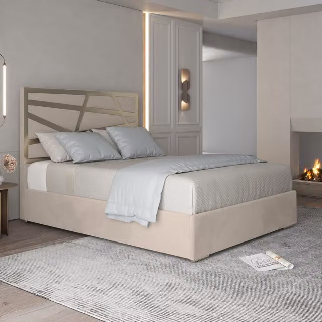 Cloudrest Modern Velvet Upholstered Metal Bed Frame in Cream, 140 x 200 cm