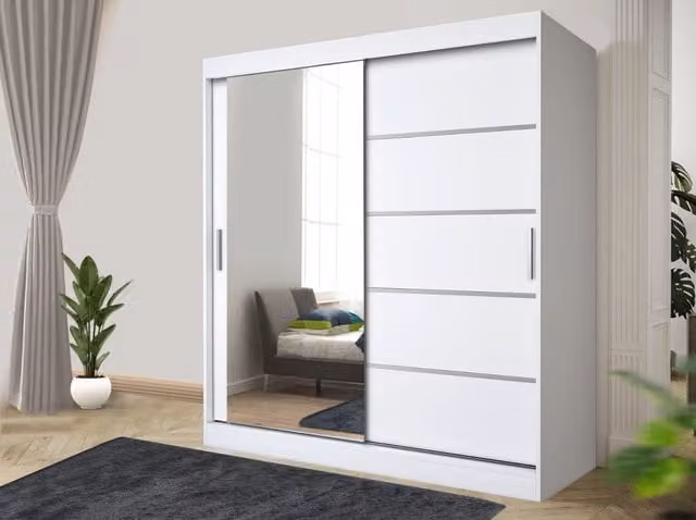 RAC3 Modern Grey and White Sliding Door Wardrobe with Mirror and Integrated Drawers, Height: 203 cm