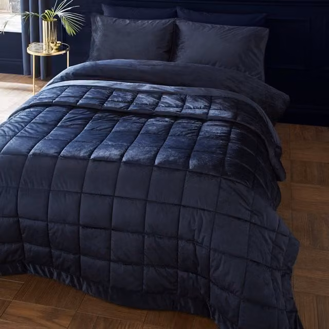 Catherine Lansfield Kingsley Matt Velvet Quilted Bedspread in Blue, 220 x 220 cm