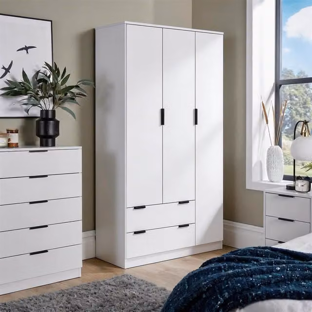 Home Source Phoenix Modern White Wardrobe with 3 Doors and 2 Integrated Drawers