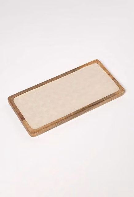 Homescapes Capiz Style Rectangular Enamel and Mango Wood Serving Tray in Beige