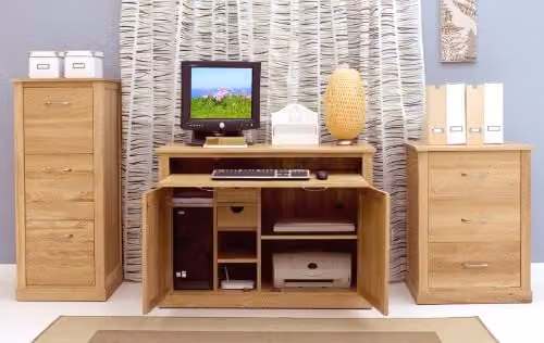 Baumhaus Mobel Oak Brown Modern Secretary Desk Home Office Enclosed Cabinet Hideaway W/D/H: 80.0 x 65.0 x 108.6 cm