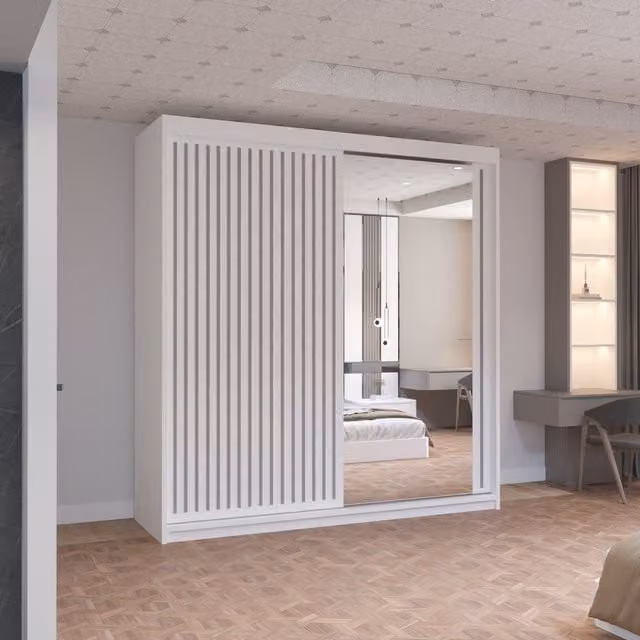 MN Furniture Reno 2 Sliding Door Wardrobe with Mirror and LED Light in Oak and White, W: 150 cm, H: 217 cm